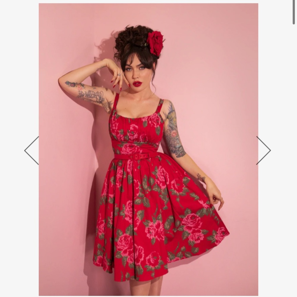 Vixen By Micheline Pitt Ingenue Dress- Vintage Red Rose Print